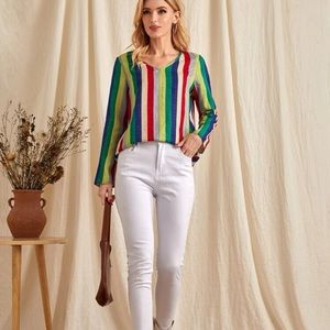 long sleeve V neck striped top. Multicolored